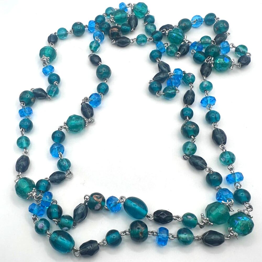 Blue Green Glass Beaded Necklace Long Continuous Loop Summer Resort Beach